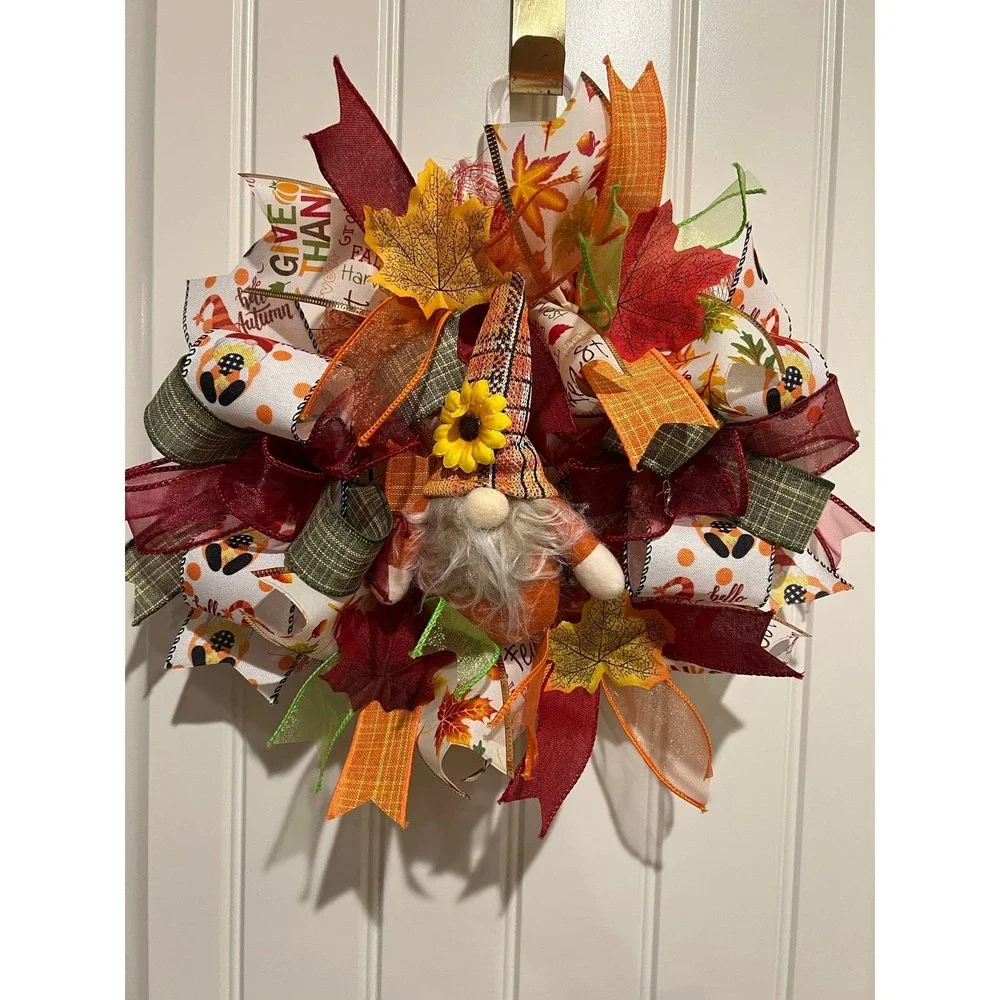 13 inch Ribbon Wreath Fall Autumn Thanksgiving Gnome MW5